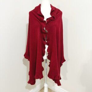 Collection Eighteen Crimson Red Ruffle Trim Knit Cape Shawl Poncho One Size